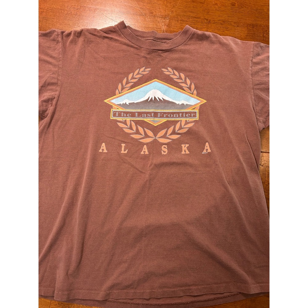 Vintage Oneita T-Shirt Mens XL Brown Alaska The Last Frontier  Graphic Tee